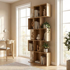 Bibliothèque à 5 niveaux, étagère de rangement en forme S avec 15 compartiments ouverts, 80 x 24 x 200 cm, chêne-1