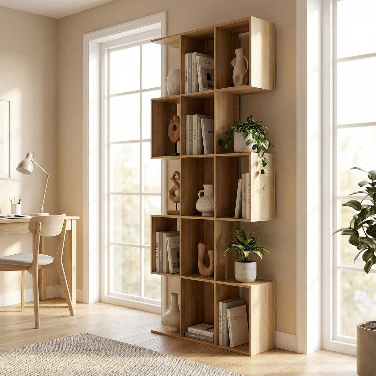 Bibliothèque à 5 niveaux, étagère de rangement en forme S avec 15 compartiments ouverts, 80 x 24 x 200 cm, chêne-1