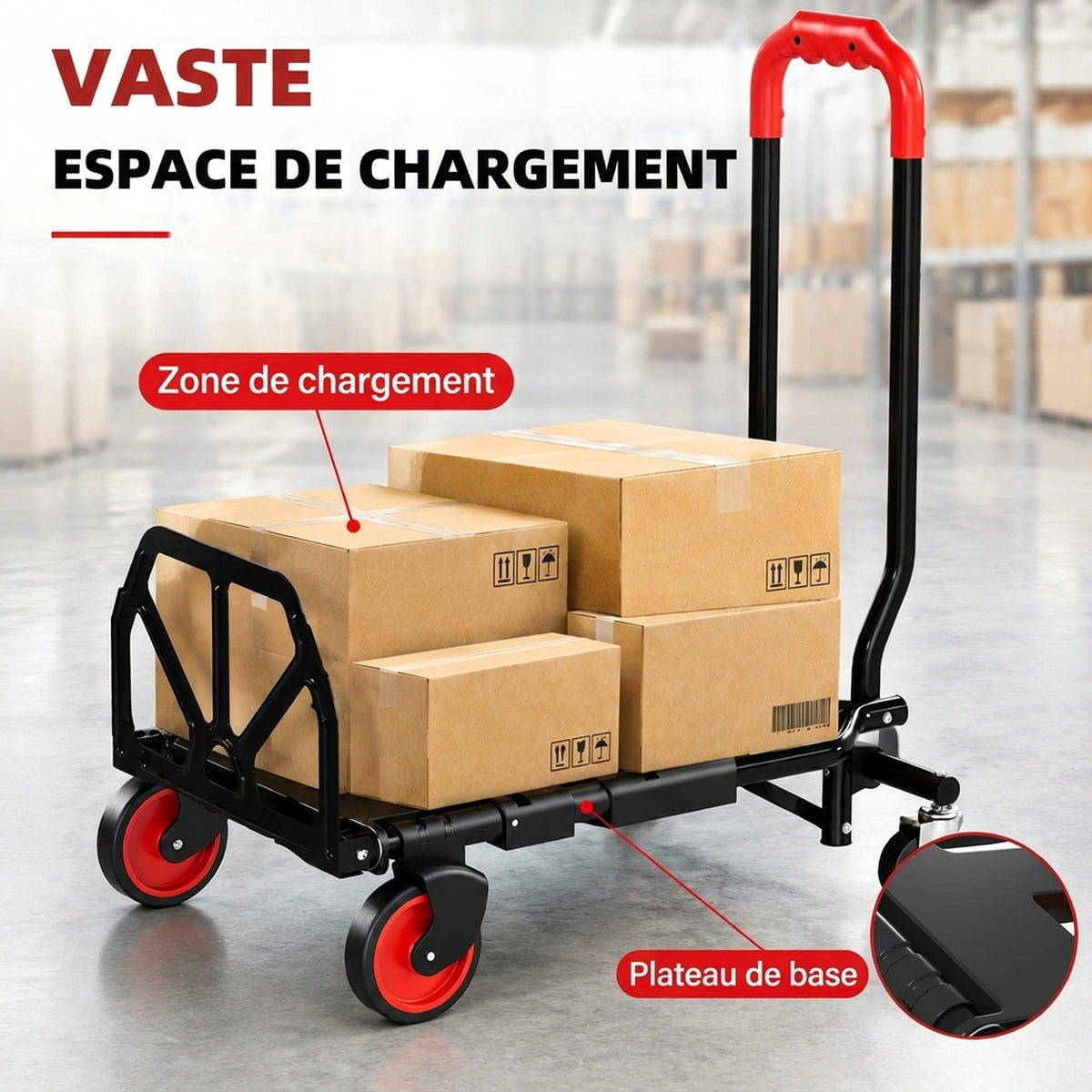 Diable et Chariot de Transport à Roulettes Pliable 2-en-1, Charge Max 120 kg, Base Rabattable, Acier, 83x44x78cm, Rouge-6