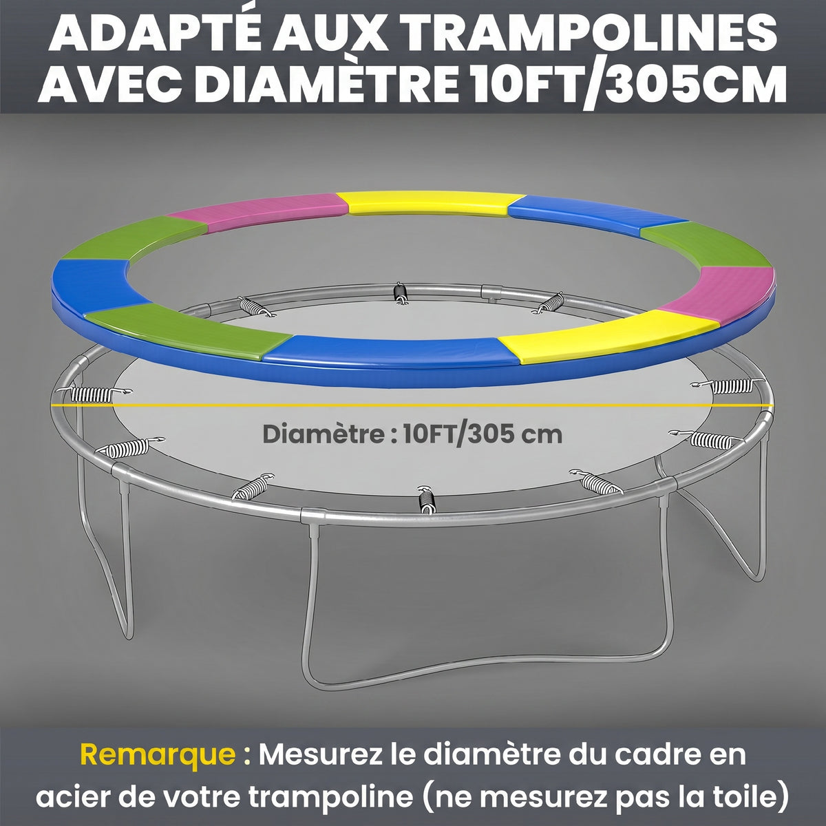 Coussin de protection trampoline 305cm avec cordon élastique résistant aux intempéries et UV anti-déchirure, multicolore-3