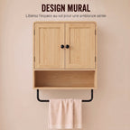 Armoire murale de salle de bain, meuble de rangement suspendu avec 2 portes, étagère ouverte, porte-serviettes, chêne-4