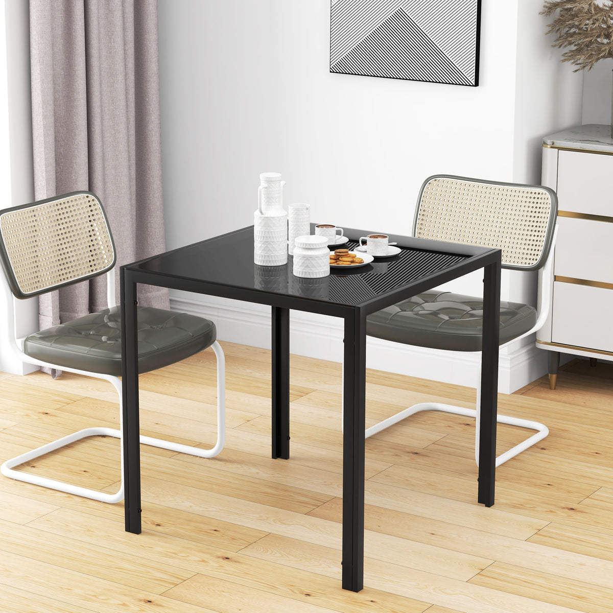 Table à manger pour 4 personnes, table de cuisine avec plateau en verre trempé et pieds en acier, 75 x 75 x 75 cm, noir-5