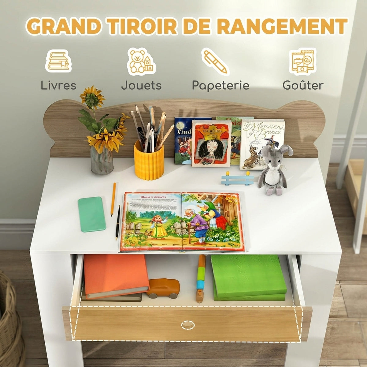 Bureau enfant avec chaise, table enfant et chaise avec tiroir et large plateau, 80 x 41 x 74,5 cm, bois naturel-4