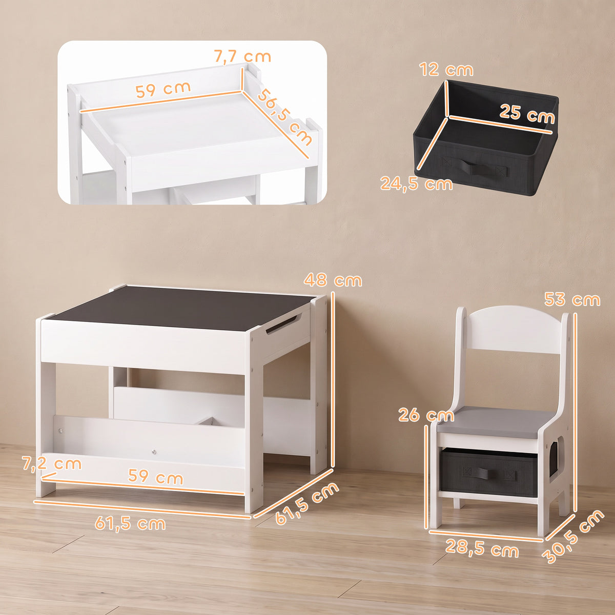 Ensemble 3 pièces table et 2 chaises pour enfant avec plateau réversible tableau noir, panier de rangement, étagères-2
