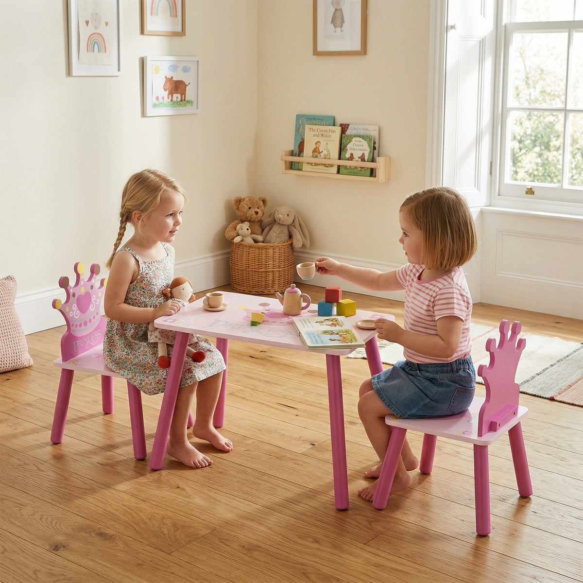Ensemble table et 2 chaises enfant 3 pièces, pieds en bois massif, table avec chaise motif couronne, pour filles et garçons de 2 à 4 ans, rose-1
