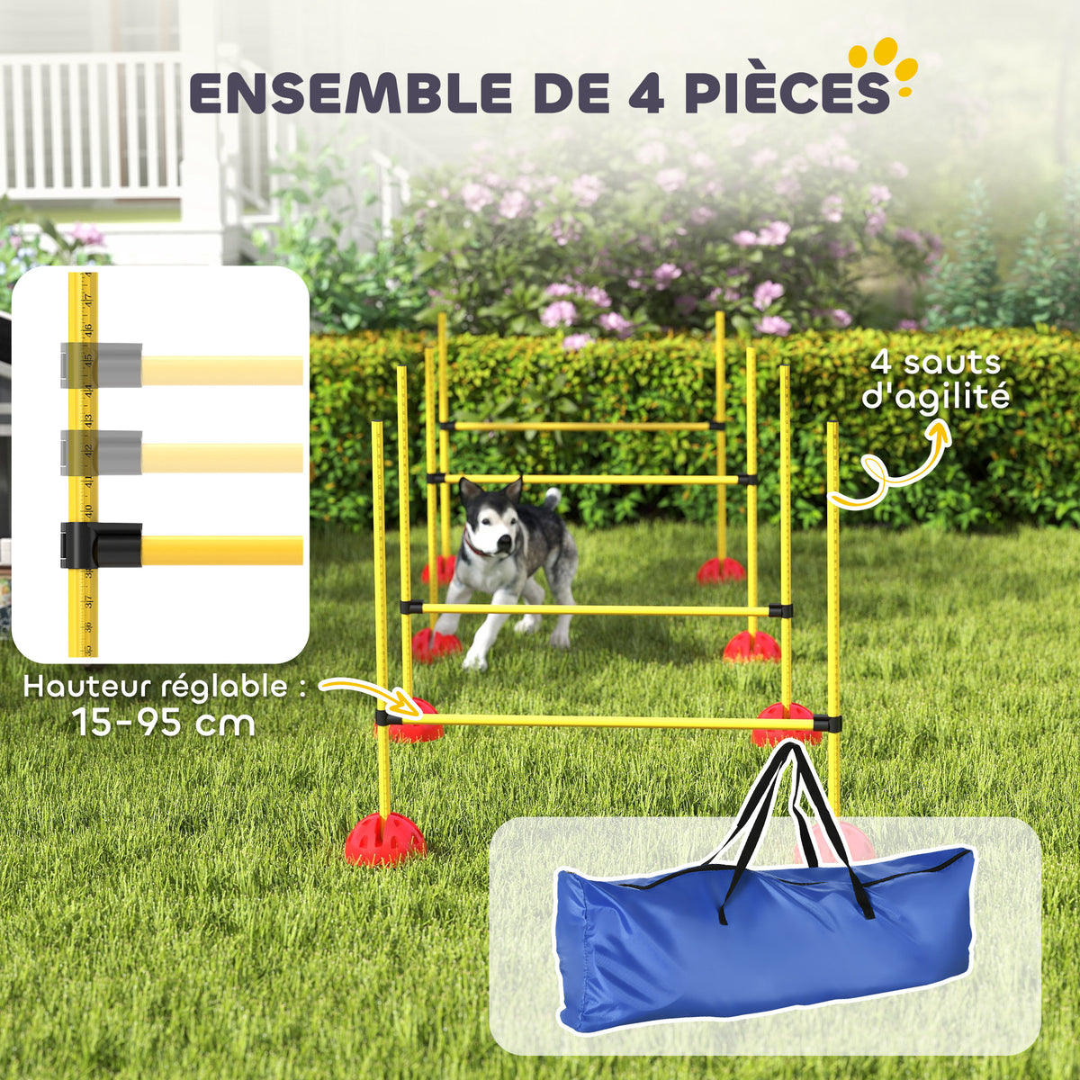 Kit d'équipement d'agilité pour chien avec 4 haies de saut réglables en hauteur, sac de transport, jaune et orange-3