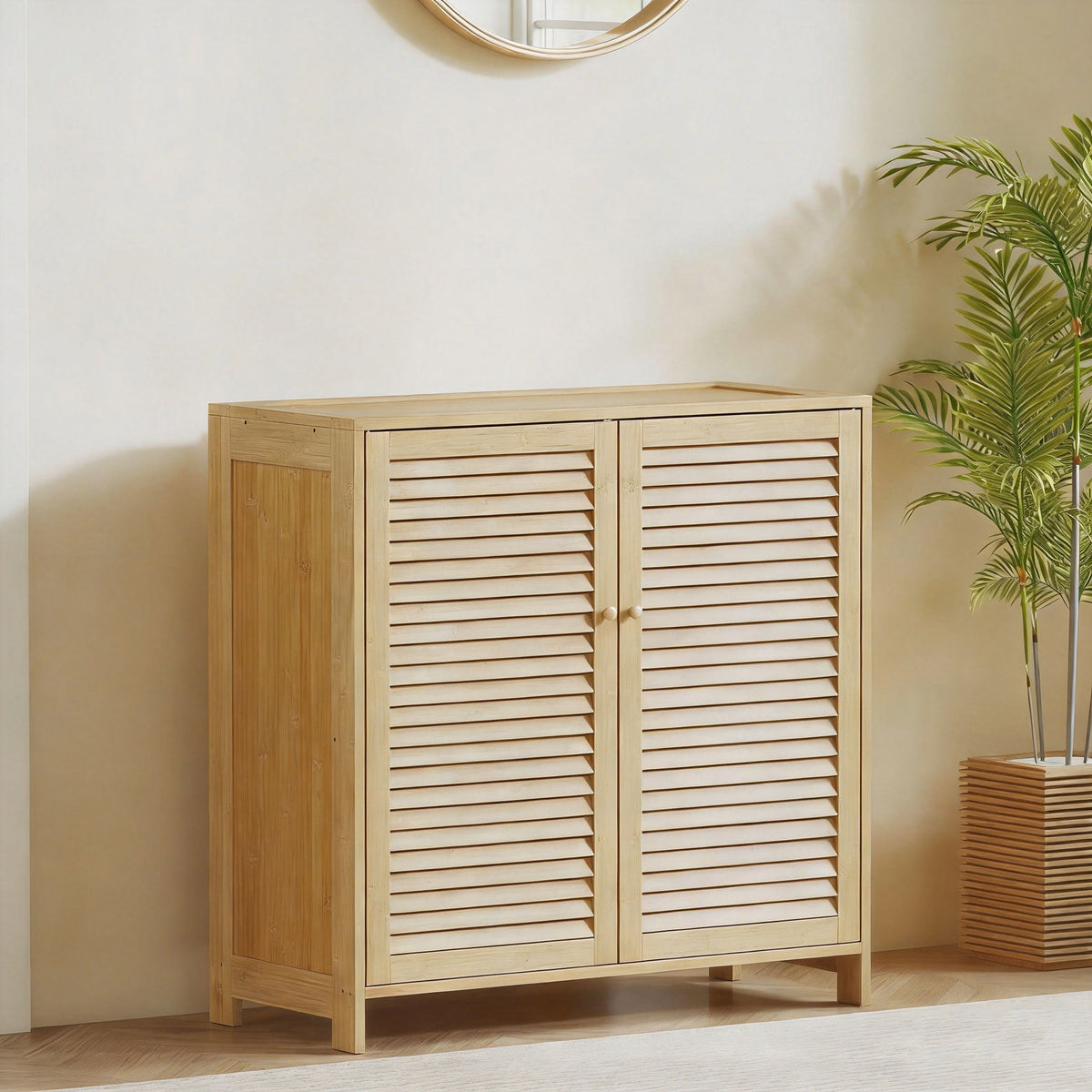 Meuble à chaussures en bambou 14 paires, armoire à chaussures avec portes persiennes et étagères réglables, bois naturel-1