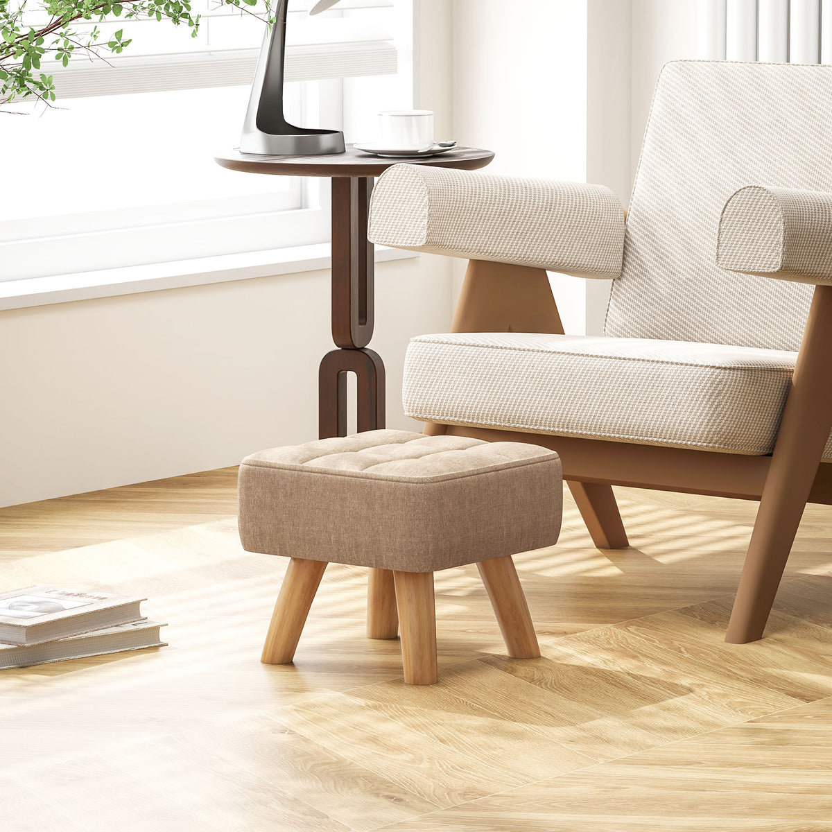 Repose pied salon ottoman siège rembourré en tissu avec pieds en bois 27 x 27 x 26 cm marron clair-1