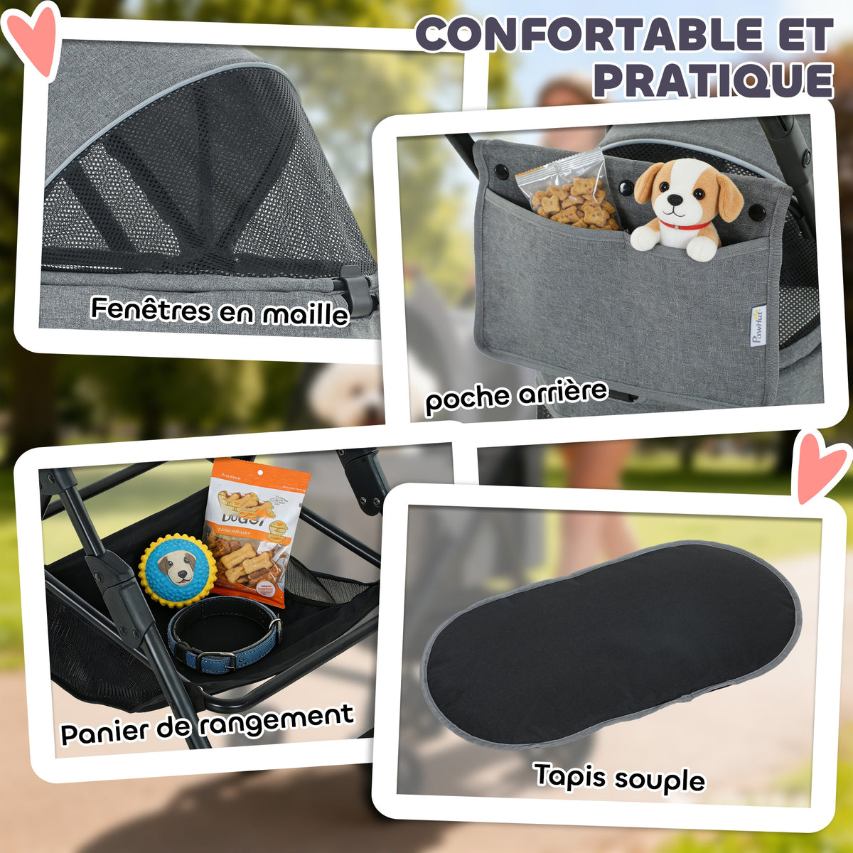 Poussette pour Chien Pousse-Chien 3 en 1 Détachable Pliable Nacelle Amovible et Sans Fermeture Éclair Suspension Gris-7