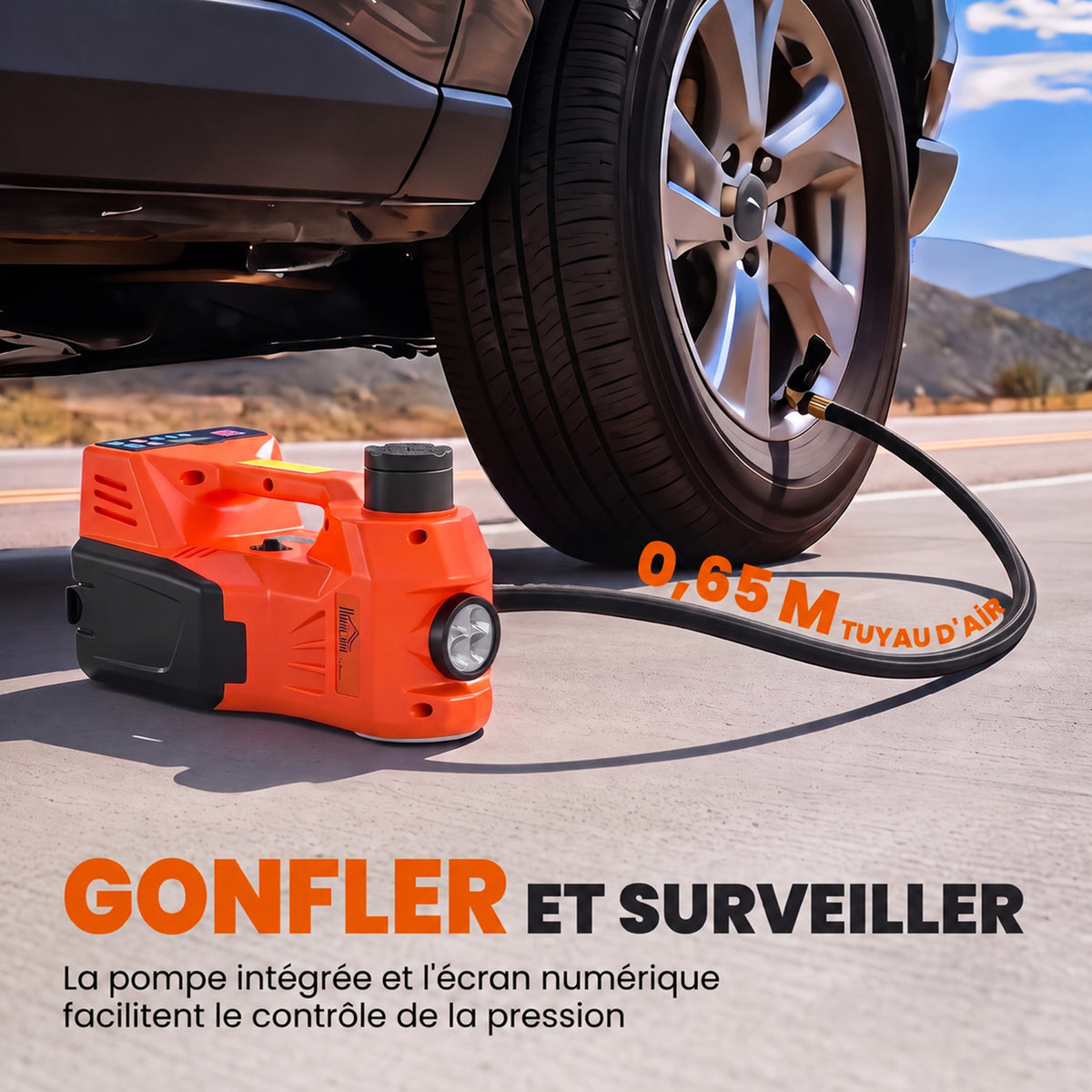 Cric Hydraulique Électrique 5T, 12V, 143-450 mm, Lumière LED, Pompe Gonflable, Allume-Cigare, 34,3x25,5x17,3cm, Orange-5