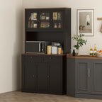 Buffet haut cuisine, armoire de cuisine, 6 portes, 2 tiroirs, plan de travail, étagères réglables, 100x40x180cm, noir-1