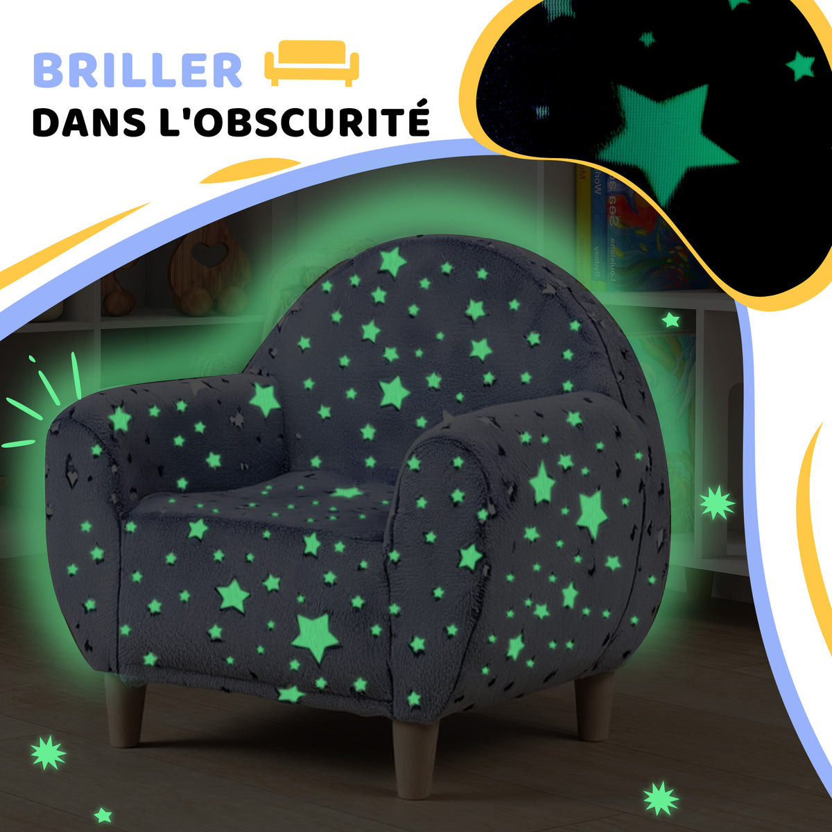 Fauteuil enfants canapé pour enfants hosphorescent avec motif étoilé, tissu velours, pour garçons et filles, gris-4