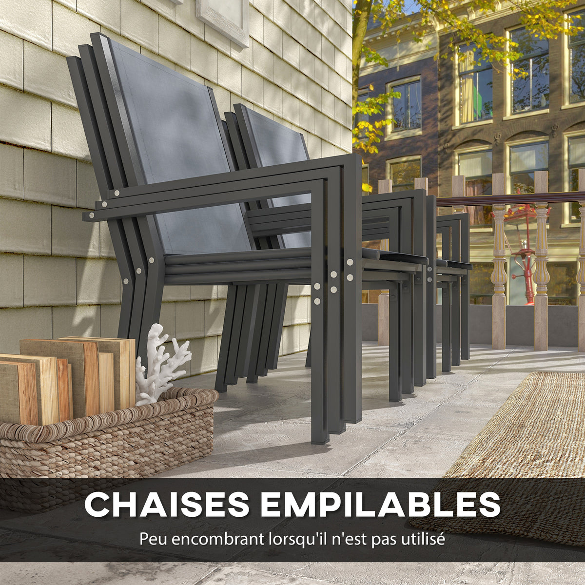 Ensemble de salle à manger de jardin pour 6 personnes salon de jardin extérieur cadres en acier chaises empilables gris-3