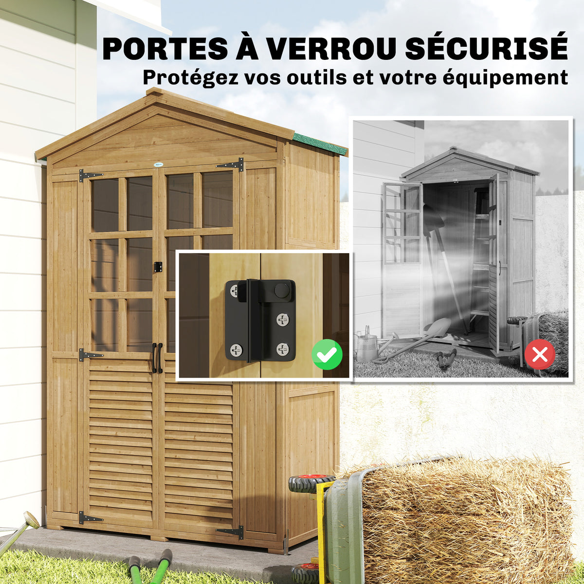 Abri de jardin Armoire de jardin pour outils avec Étagères et Fenêtres en Acrylique, 128 x 57,5 x 197 cm marron clair-7