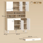 Buffet haut cuisine, armoire de cuisine, 6 portes, tiroir et étagères ouvertes, 120x40x175cm, blanc et bois naturel-2