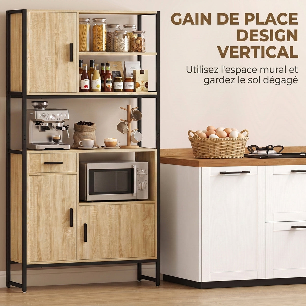 Buffet Haut Cuisine, Armoire de Cuisine, 3 Portes à Fermeture Douce, Tiroir, Plan de Travail, Niches Ouvertes, Naturel-5