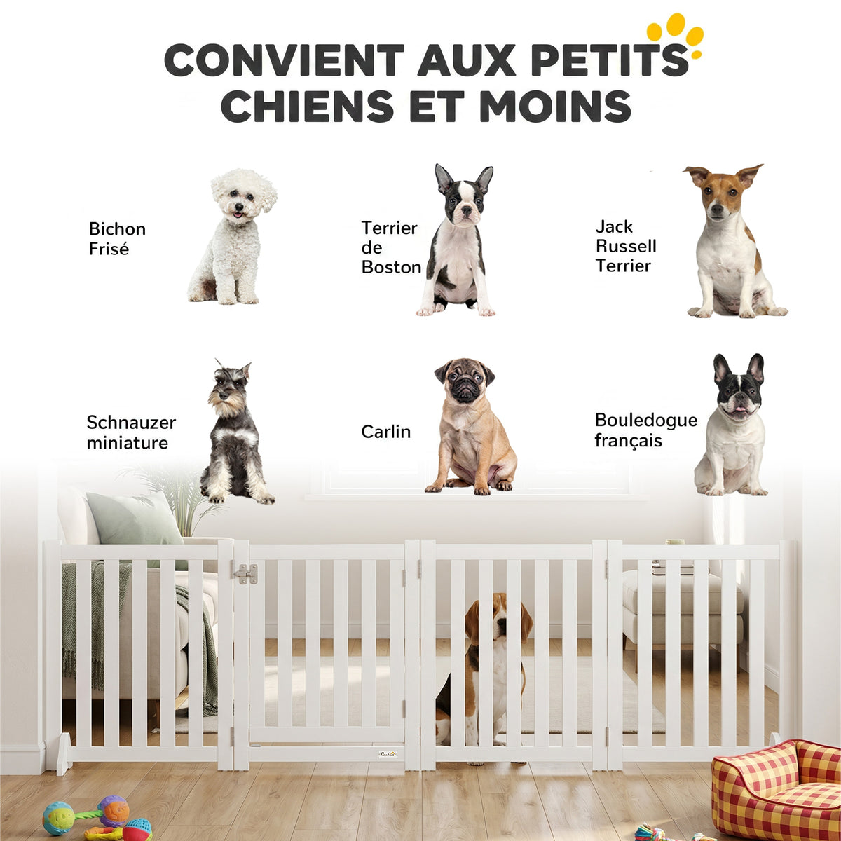 Barrière de Sécurité Chien Pliable Double Face en Bois, 4 Panneaux avec Porte, Pieds de Support, 205 x 60 cm, Blanc-3