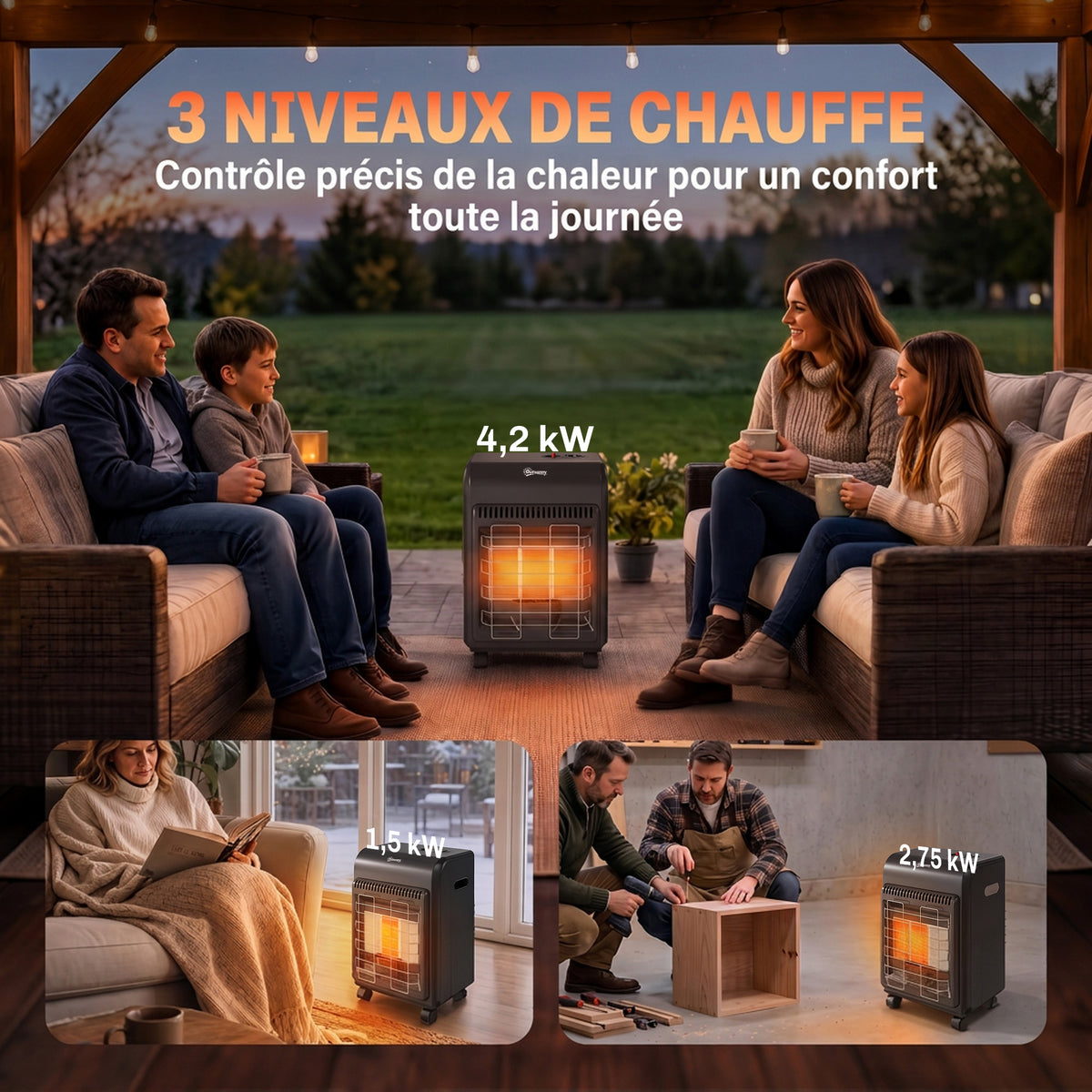 Chauffage d'Appoint Gaz Portable 4,2kW Infrarouge Compact 2 Freins Système ODS Anti-Basculement Housse 37x29x55cm Noir-4