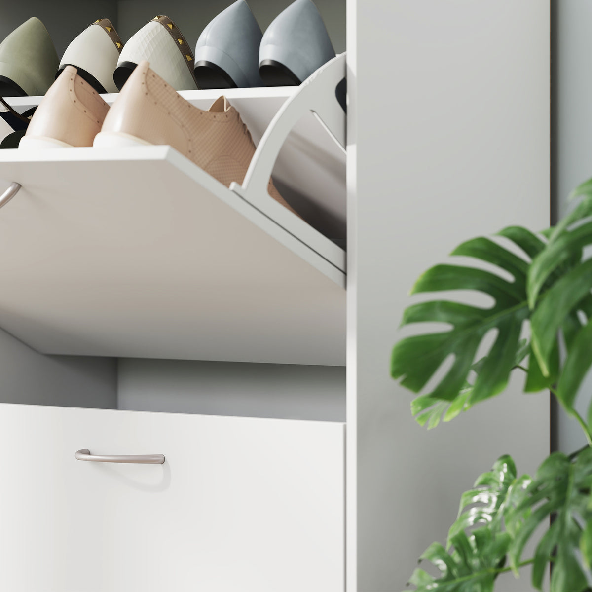 Armoire à Chaussures Meuble à Chaussures Grande Taille dim. 120L x 24l x 81H cm 4 Portes abattantes Double Niveau en Bois Blanc-8