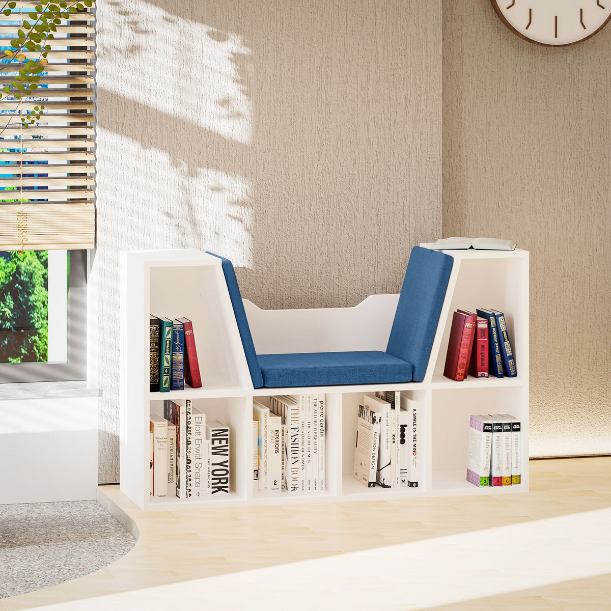 Bibliothèque banc 2 en 1 avec coussins de siège, étagère cube 6 compartiments ouverts et 2 niveaux, meuble de rangement pour salon, chambre à coucher, bureau, 102 x 30 x 61 cm, bleu-8