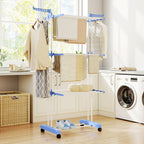 Séchoir étendoir à linge sur roulette pliable ailes latérales intérieure et extérieure 73 x 64 x 177 cm bleu argent-9