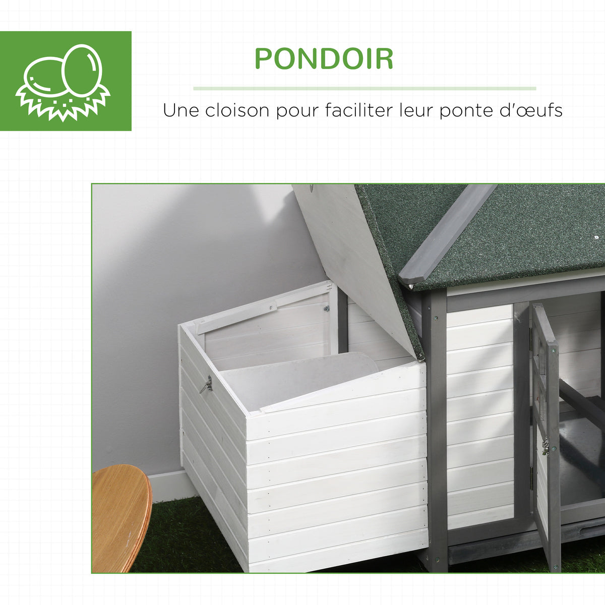 Poulailler cottage multi-équipement perchoir rampe pondoir enclos tiroir à déjection 196L x 76l x 97H cm bois massif pin gris blanc-5