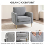Fauteuil en tissu avec pieds en acier doré, grand confort, pochettes latérales, pour salon, bureau, chambre, gris-3