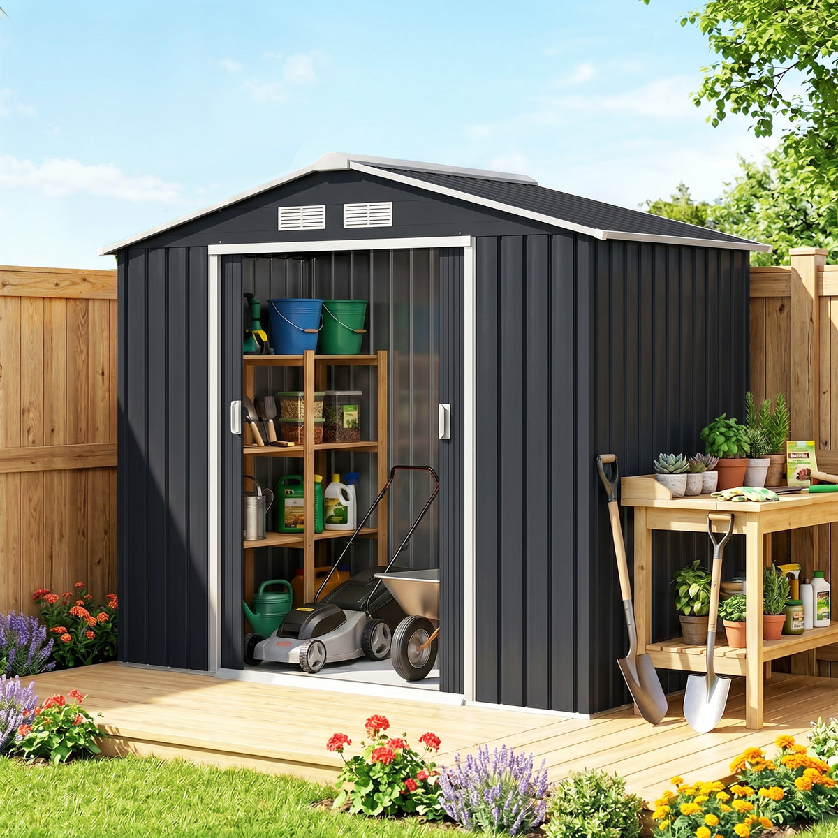 Abri de Jardin 2,42 m² - Remise pour Outils avec Fondation - cabanon Porte verrouillable - tôle d'acier Gris-1