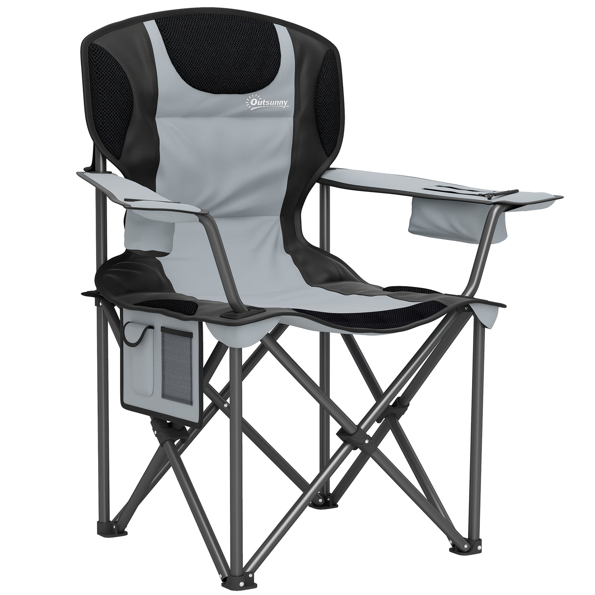 Chaise de camping pliante avec accoudoirs réglables, porte-gobelets, poches latérales et sac de refroidissement, noir-0