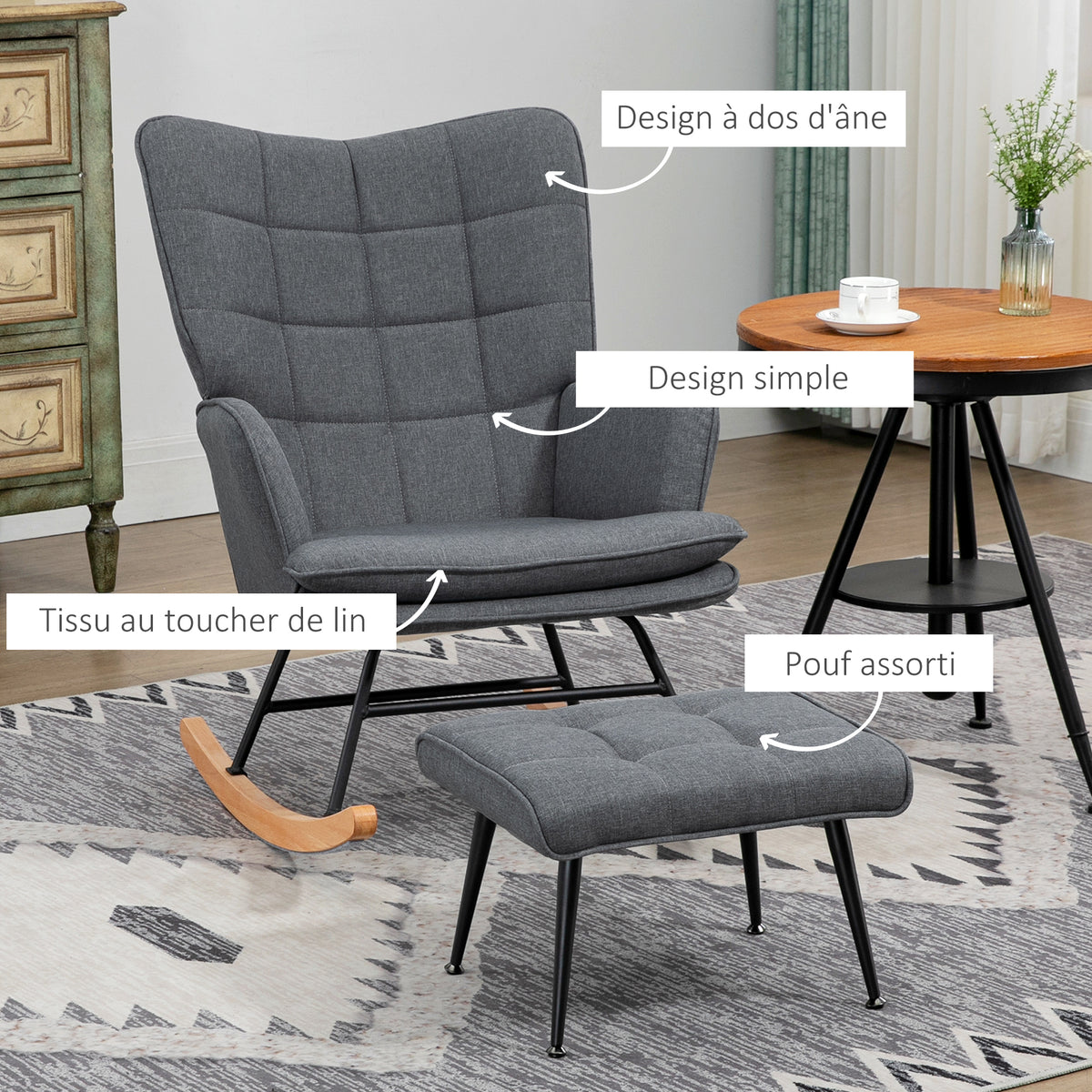 Fauteuil à bascule avec repose-pieds, rocking chair, assise large, dossier haut, coussin inclus, 64 x 89 x 90 cm, gris-4