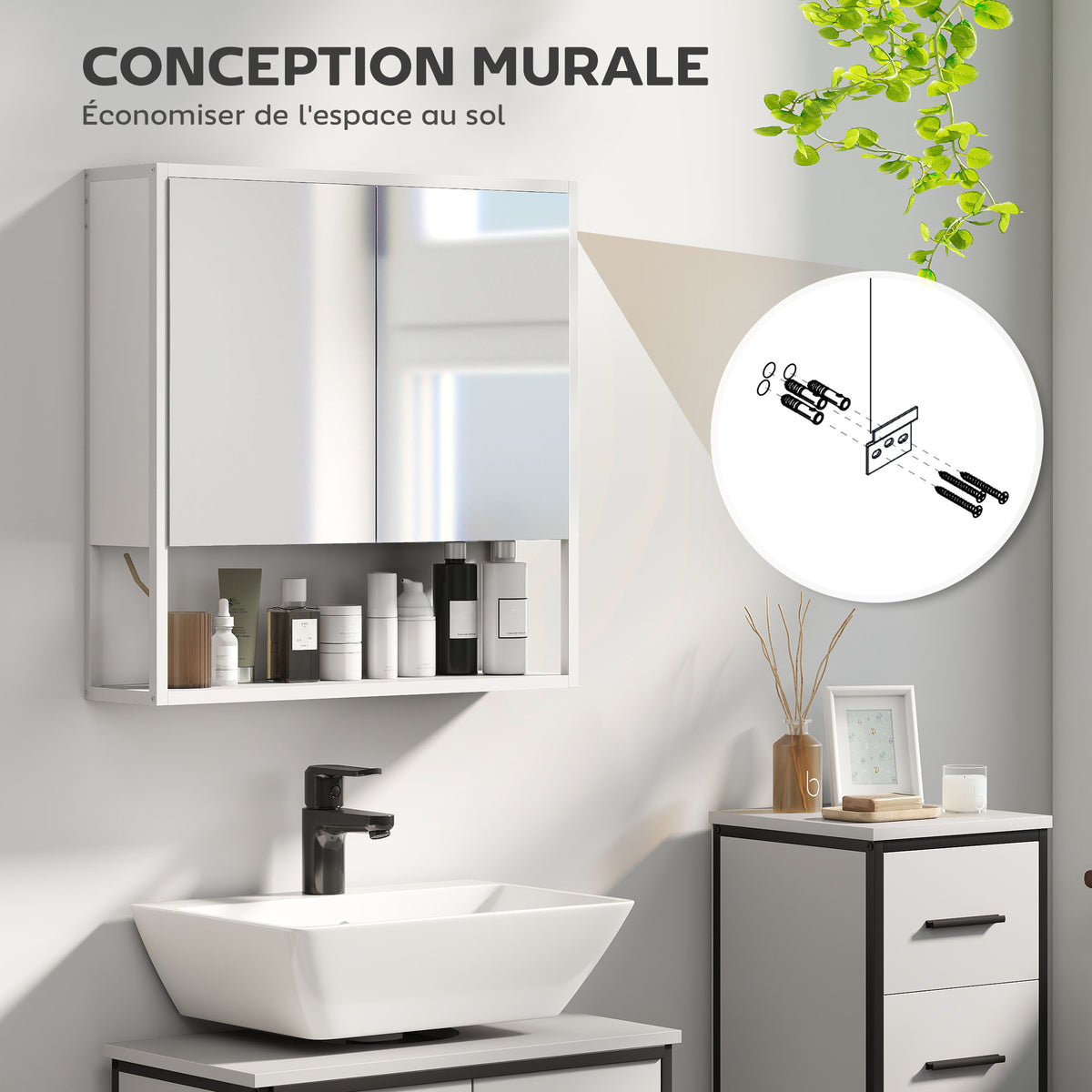 Armoire murale salle de bain avec miroir, meuble salle de bain, 2 portes miroir, étagère ouverte 60 x 16 x 60 cm blanc-7