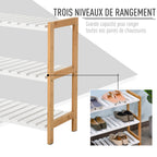 Étagère à chaussures à 3 niveaux, porte-chaussures en bois de pin avec 3 étagères à lattes, pour salon, entrée, 70 x 26 x 57,5 cm, blanc et effet bois naturel-3