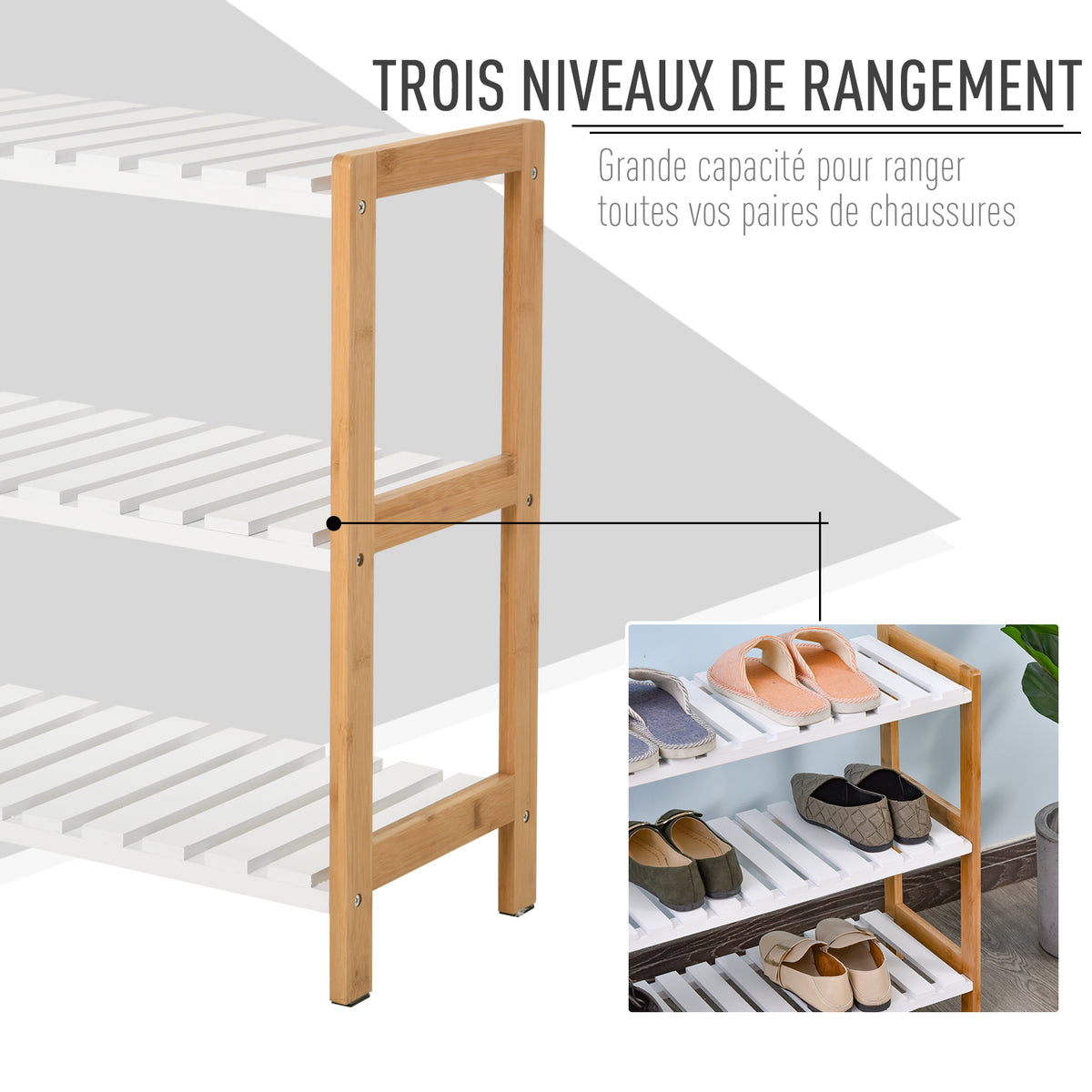 Étagère à chaussures à 3 niveaux, porte-chaussures en bois de pin avec 3 étagères à lattes, pour salon, entrée, 70 x 26 x 57,5 cm, blanc et effet bois naturel-3