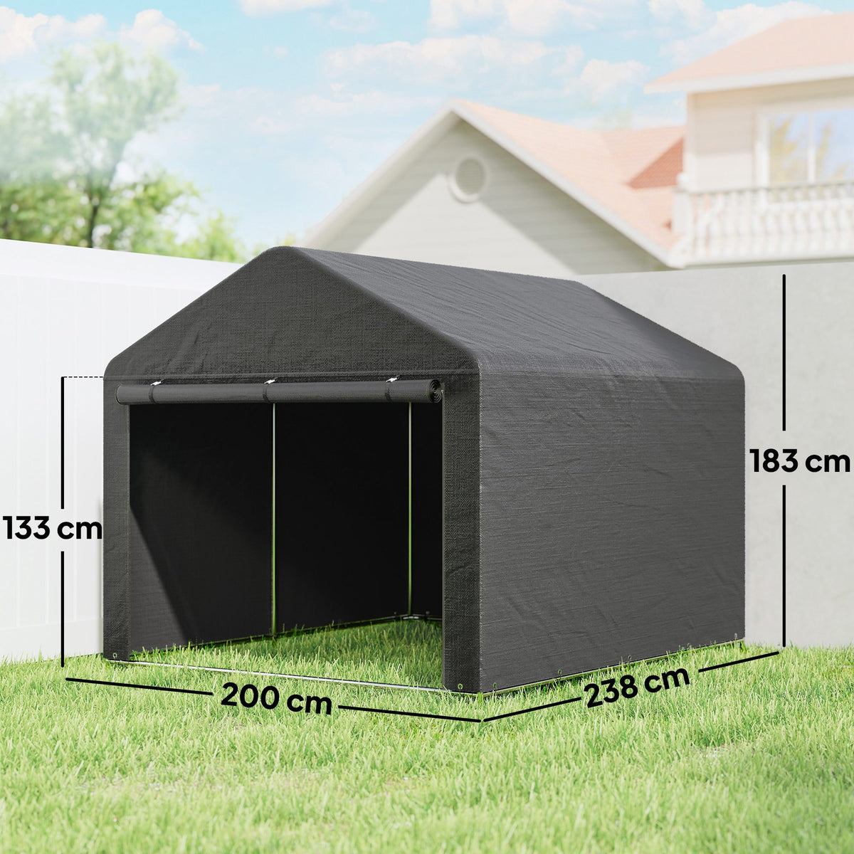 Abri de jardin tente de stockage imperméable abri porte enroulable fermeture éclair, 200 x 238 x 183 cm, gris foncé-2