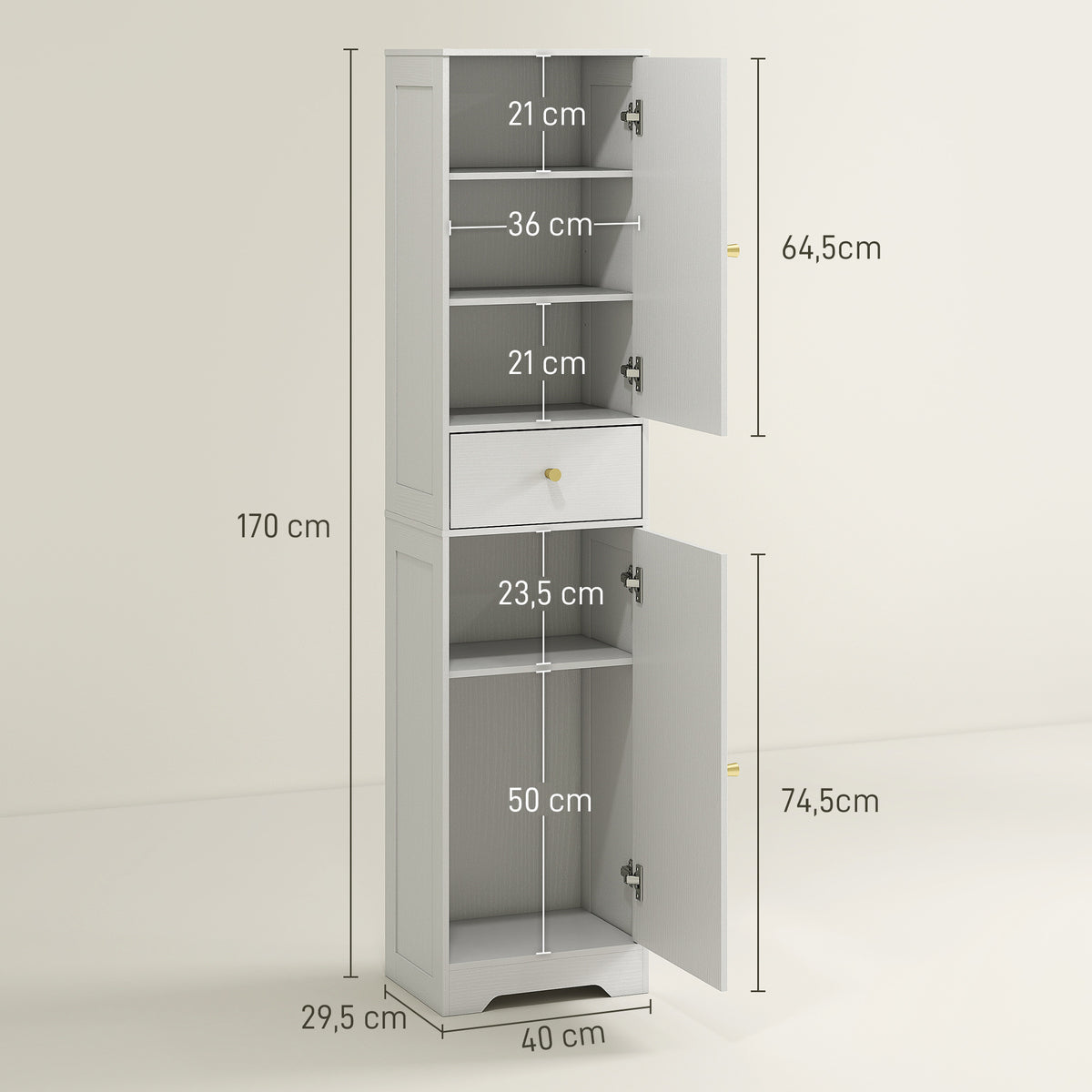 Armoire salle de bain haute meuble de rangement colonne avec placards tiroir et étagères réglables 40x29,5x170cm blanc-2