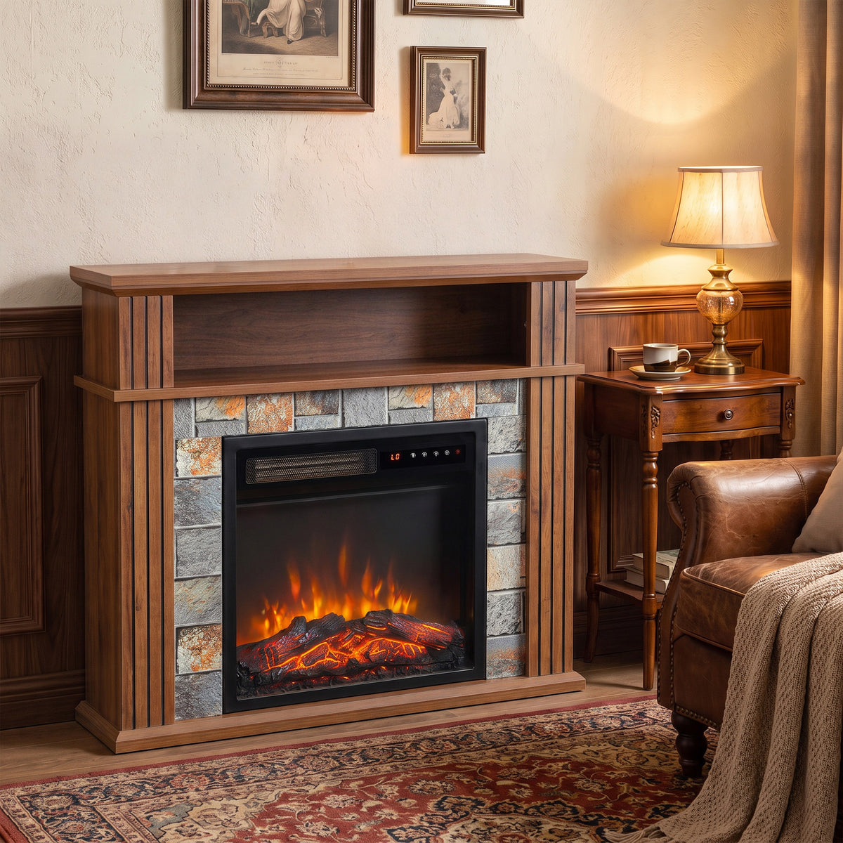Cheminée Électrique 1800 W, Effet Flamme LED Réaliste, Compartiment Ouvert, 5 Niveaux de Luminosité, Manteau, Marron-1