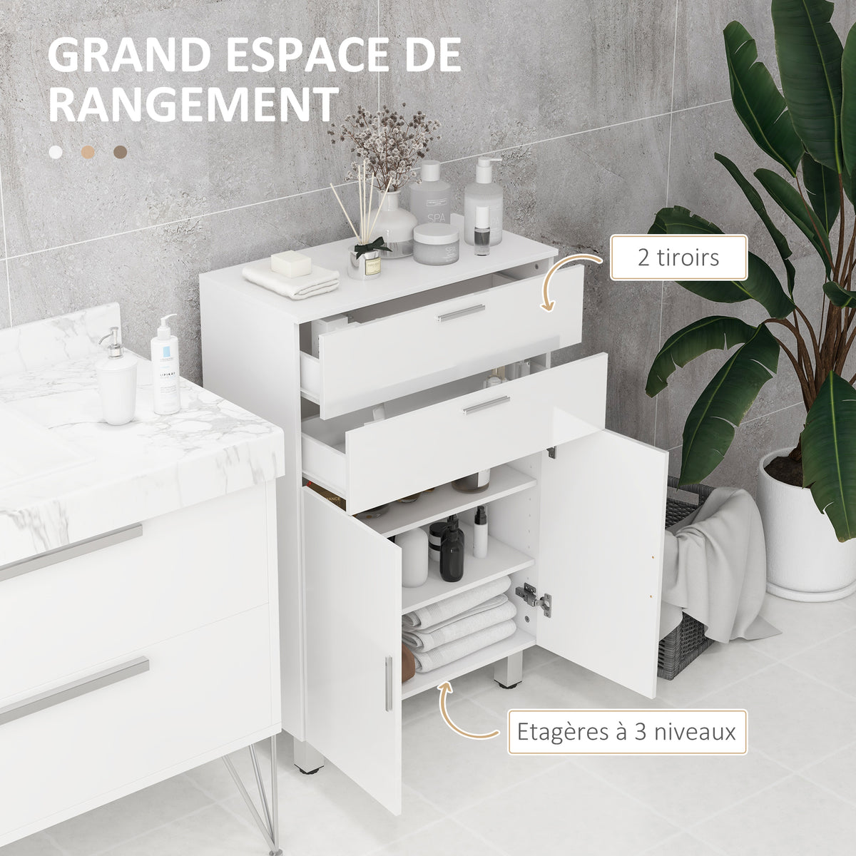 Meuble de salle de bain avec 2 tiroirs placard à double porte et étagères réglables 60 x 30 x 93 cm blanc brillant-3