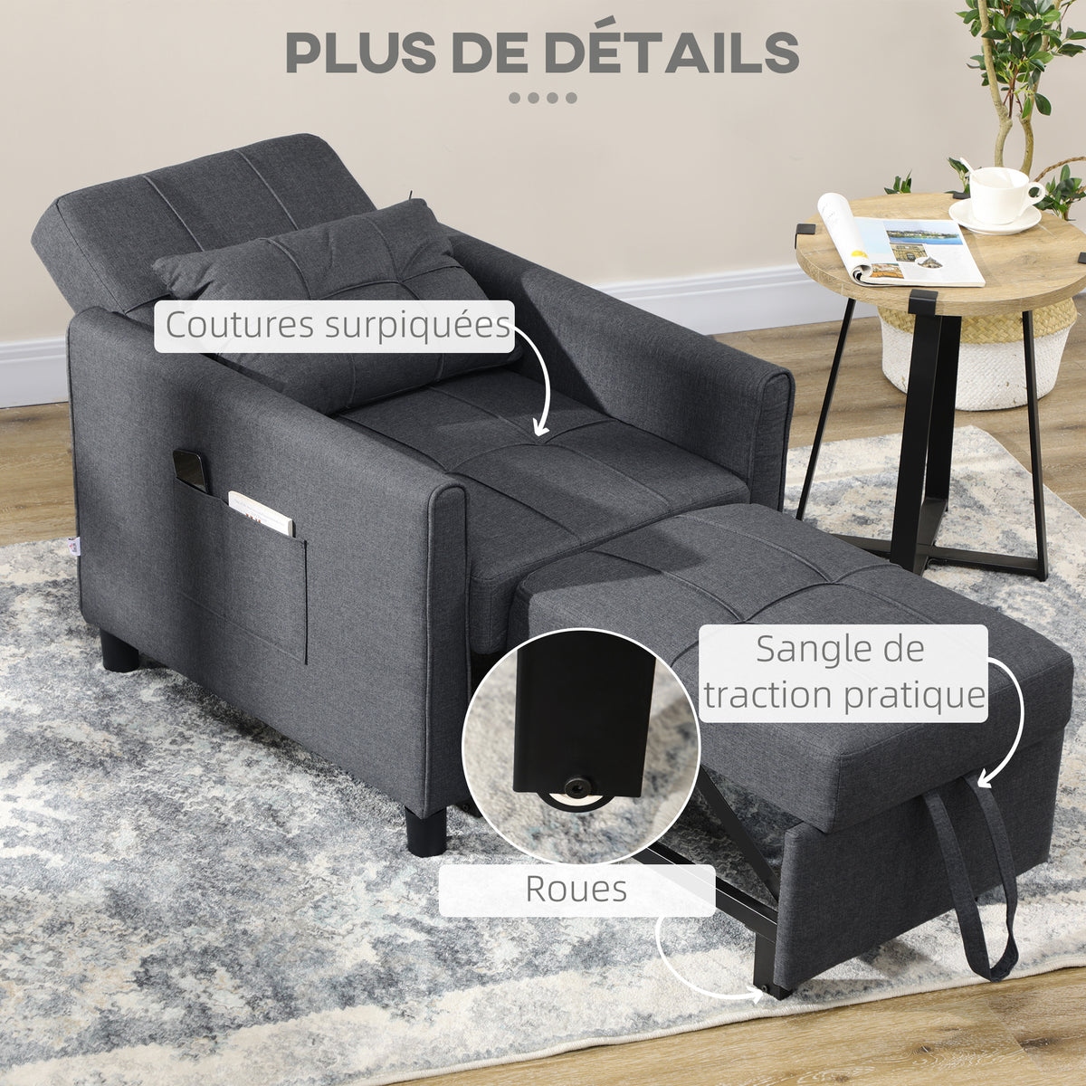 Fauteuil convertible 1 place 3 en 1 dossier réglable en 3 positions oreiller inclus 2 poches latérales 69x82x85cm gris-6