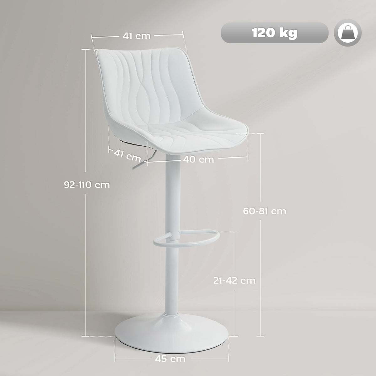 Lot de 2 tabourets de bar, chaises de bar structure en acier hauteur réglable 92-110 cm, dossier repose-pieds blanc-2