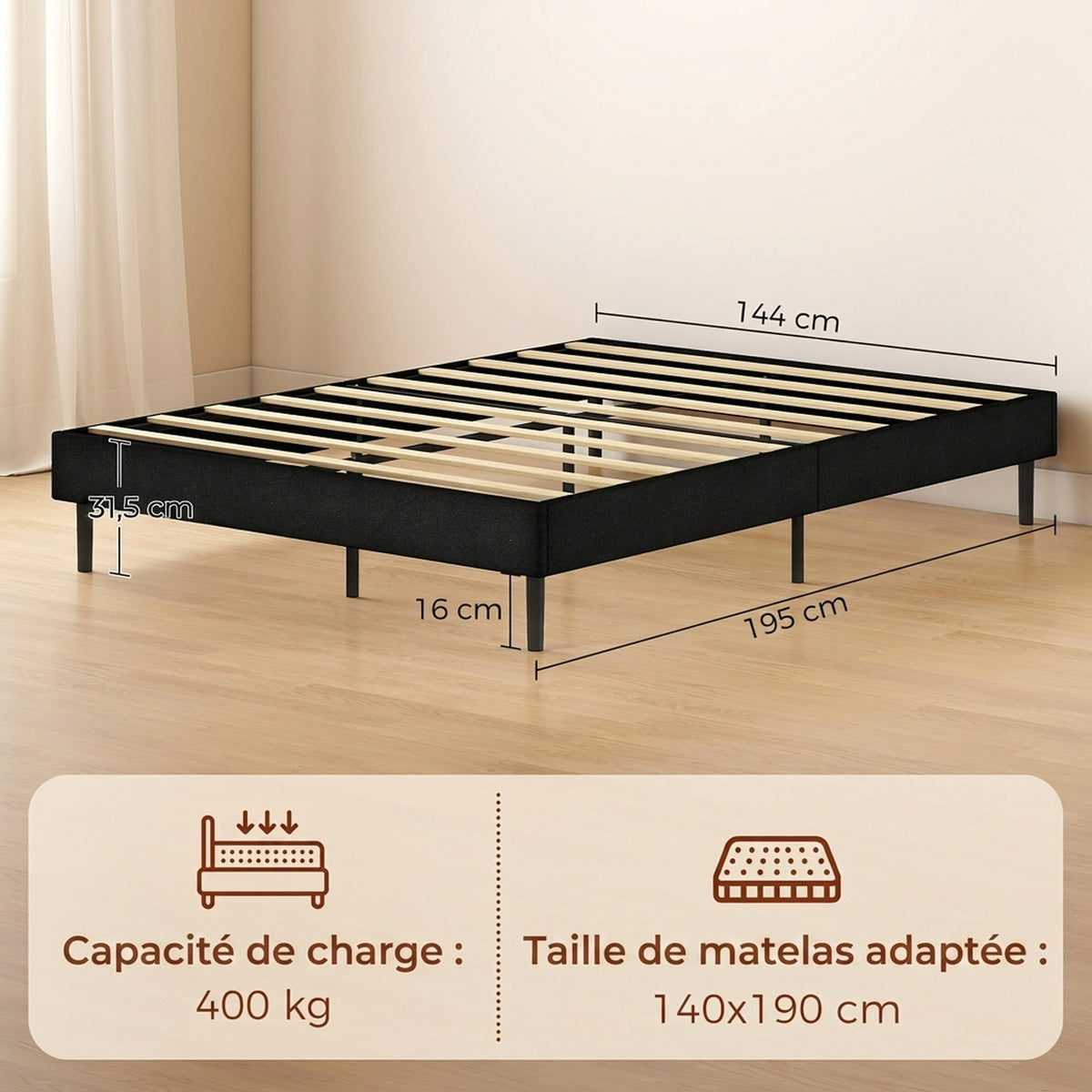 Sommier Tapissier 140x190 cm, Cadre de Lit avec Revêtement en Chenille, 10 Lattes Bois, 9 Pieds Stables, Gris-2