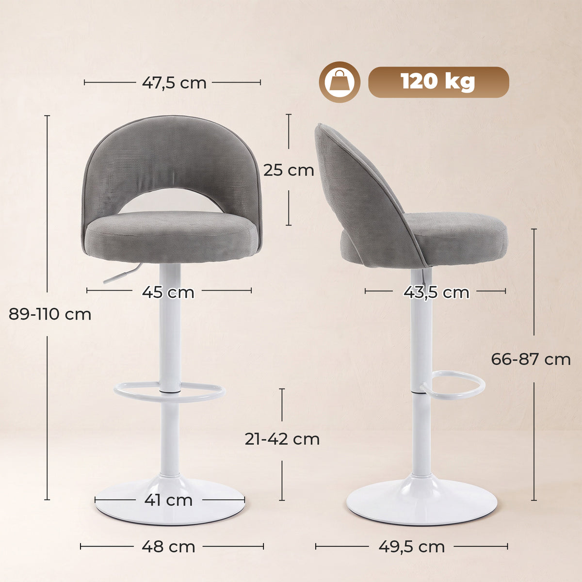 Lot de 2 Tabourets de Bar, Chaises de Bar Réglables en Hauteur, Assise Rembourrée en Chenille, Pivotant 360°, Gris-2