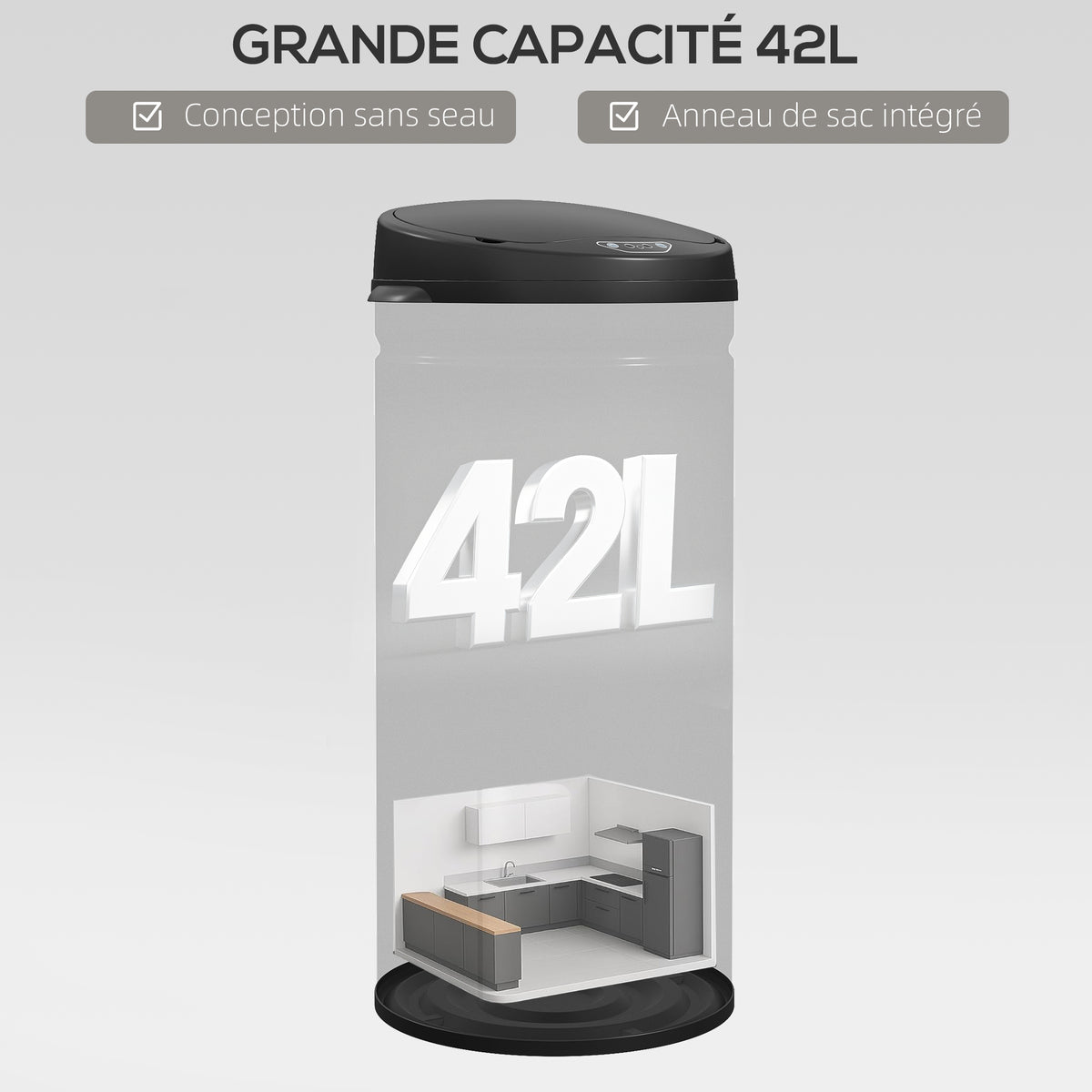 Poubelle cuisine automatique 42L acier inoxydable, poubelle à couvercle à fermeture en douceur, 30,5x30,5x68cm, noir-4