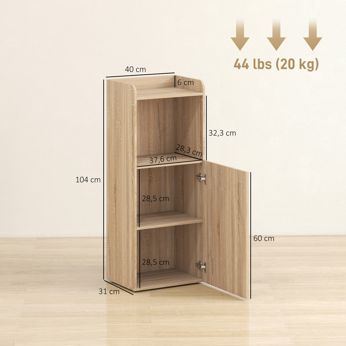 Meuble salle de bain, meuble de rangement étroit 4 niveaux, placard, compartiment ouvert, 40 x 31 x 104 cm, chêne jaune-2