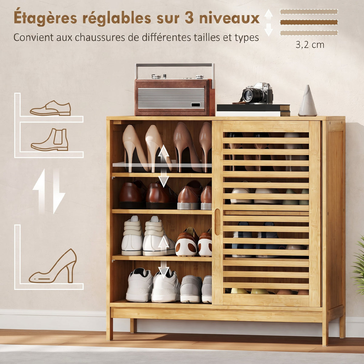 Meuble à chaussures en bambou 16 paires, armoire à chaussures, 2 portes coulissantes, étagères réglables, bois naturel-4