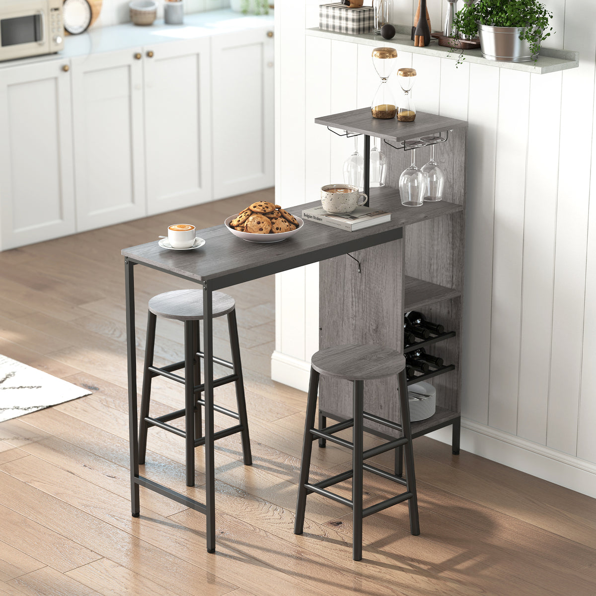 Ensemble table de bar avec tabourets, table à manger debout avec 2 chaises de bar étagères, casiers à vin, bois naturel-9