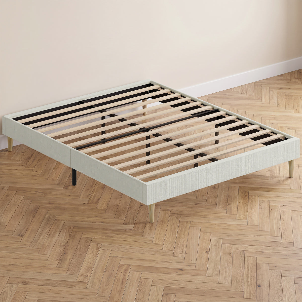 Cadre de Lit 140 x 190 cm avec Sommier, Lit Double Rembourré en Velours Côtelé, Espace de Rangement Au-Dessous, Crème-1