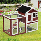Clapier cage à lapins multi-équipé : niche supérieure avec rampe, plateau excrément, fenêtre + enclos extérieur sécurisé 2 portes 123,5L x 62,6l x 92,5H cm rouge brique-9