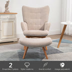 Fauteuil avec repose pied, dossier haut, pieds en bois et tissu aspect velours côtelé, pour salon chambre à coucher beige-5