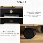 Meuble TV sur roulettes avec 2 Freins - 2 niches + Placard Porte 2 Passe-Fil - en bois Noir chêne Clair-4