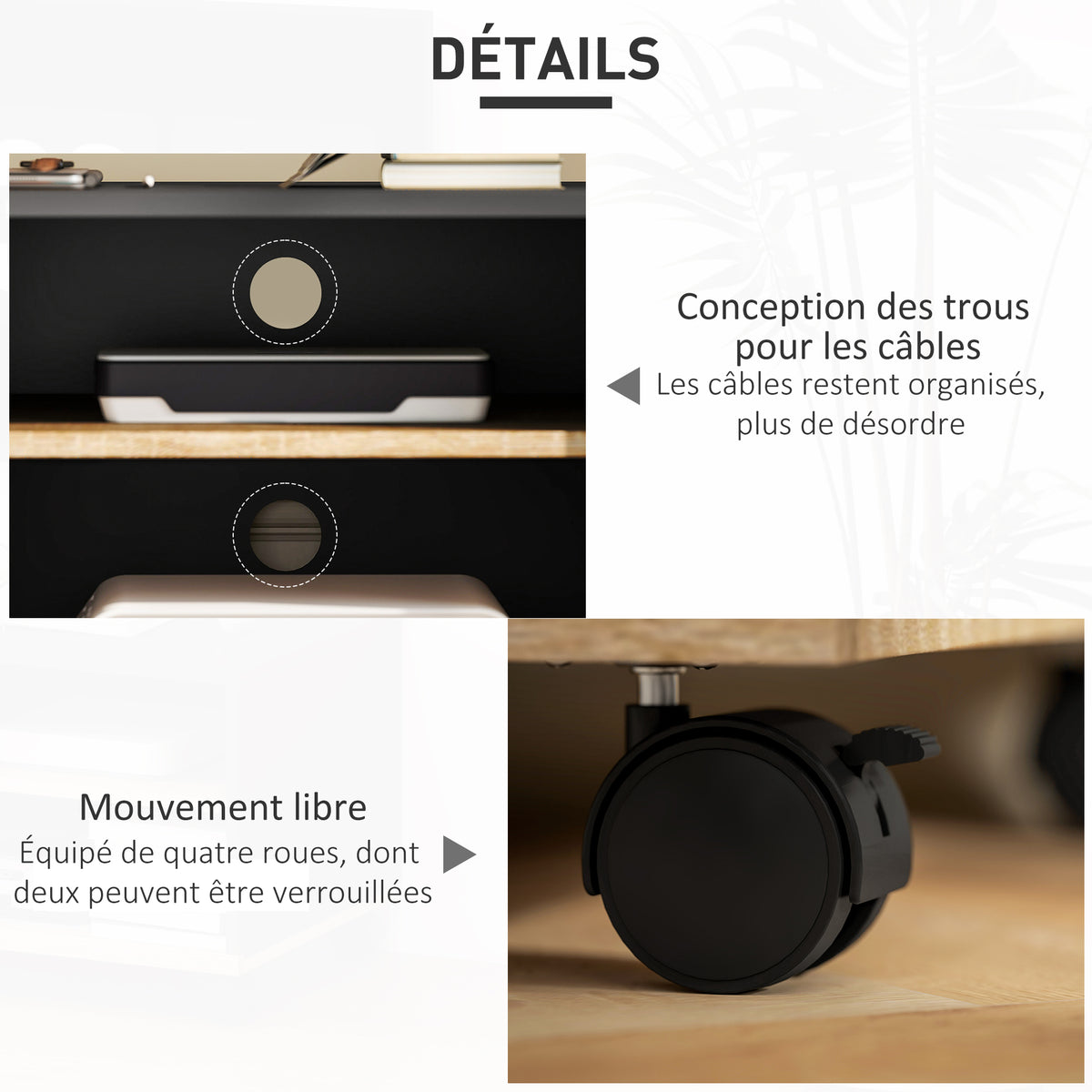 Meuble TV sur roulettes avec 2 Freins - 2 niches + Placard Porte 2 Passe-Fil - en bois Noir chêne Clair-4